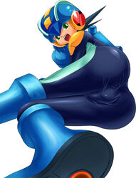 1boy ass back_view bodysuit bulge capcom higaneshiki_(artist) kusamuraya male male_only mega_man mega_man_battle_network megaman.exe penis rockman rockman_exe rockman_exe_(character) skin_tight solo tagme testicles white_background