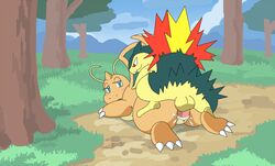 back_view color dragonite female fur furry hinoarashi interspecies male nude outdoors penis pokemon pokemon_(species) pussy sex straight straight_hair tagme typhlosion vaginal_penetration