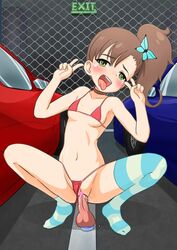 bikini blush brown_hair car censored choker chousoku_henkei_gyrozetter dildo dildo_in_pussy dildo_riding dildo_sitting double_v drool exhibitionism flat_chest flat_chested green_eyes hair_ornament heart-shaped_pupils mismatched_legwear navel rinne_inaba shaved_pussy small_breasts striped_legwear sweatdrop tagme tears