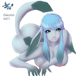 1girls anthro ass blue_hair breasts color female female_only front_view fur furry glaceon nude pokemon solo sun-hime tail