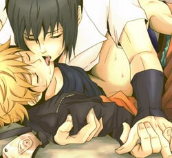 2boys blonde_hair bottomless hand_hold human male male_only multiple_males naruto on_back sasuke_uchiha tagme tongue undressing uzumaki_naruto yaoi