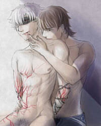 2boys abs arms_behind_back arms_tied arms_tied_behind_back artist_request bandaged_arm blindfold blood blood_on_face blood_on_fingers bondage brown_eyes brown_hair chains clenched_teeth clothed_male_nude_male cmnm duo fate/stay_night fate/zero fate_(series) forced forced_yaoi from_behind gay gradient_background hand_on_hip kirei_kotomine kiritsugu_emiya licking_neck male male_focus male_only multiple_boys multiple_males muscular muscular_male naked nude open_pants partially_clothed pubic_hair rape reverse_ryona saliva short_hair sitting tattoo white_hair yaoi