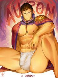 10s 1boy 2013 abs ass auron_(final_fantasy) bara bulge commission facial_hair final_fantasy final_fantasy_x frowning fundoshi looking_at_viewer male male_focus male_only muscle muscles muscular muscular_male partially_clothed pecs righael short_hair sitting solo solo_focus spread_legs square_enix stubble underwear video_games white_fundoshi