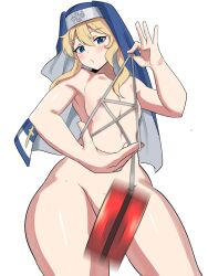 1boy bad_censor blonde_hair blue_eyes bridget covering guilty_gear habit light-skinned_male light_skin looking_at_viewer male male_only nude nun nun's_habit thick_thighs wide_hips ytrall