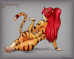 anthro ass ass_up big_breasts big_butt blush breasts fan_character felid feline feline_tail female fur_markings futanari gesture grey_background gynomorph hand_gesture intersex long_hair long_tail lying lying_on_ground mammal name_drop nsfw on_side orange_body orange_fur pantherine paws red_hair shaded shadow signatue simple_background simple_shading solo stripes tiger tiger_girl twaykoncita watermark white_fur