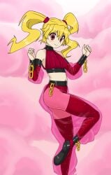 belly belly_button blonde_female blonde_hair blush chains cropped cropped_feet genie genie_girl gummidx light-skinned_female light_skin midriff oc original original_character pink_background pink_clouds posing red_eyes red_scrunchie red_spandex red_thighhighs red_topwear suzie_(gummidx) thick_thighs thighhighs thighs twintails