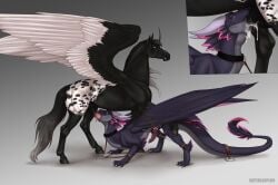 accessory alicorn alterion_(alter) animal_genitalia animal_penis balls black_body black_feathers black_hair black_penis bodily_fluids bondage bondage bound claws closed_eyes cock_ring collar cum cum_in_mouth cum_inside cum_on_face cum_on_neck cum_on_penis deep_throat dragon duo equid equine equine_genitalia equine_penis feathered_dragon feathered_scalie feathered_wings feathers feral frey_(midnightrobin) genital_fluids genitals gradient_hair grey_body grey_eyes grey_hair grey_horn grey_underbelly hair hi_res hooves horn horse jewelry knot leaking leaking_cum leaking_precum leather male male/male mammal markings membrane_(anatomy) membranous_wings mythological_creature mythological_equine mythological_scalie mythology neck_bulge oral oral_penetration orange_eyes penetration penis penis_accessory penis_jewelry pink_body pink_feathers pink_markings pink_penis precum purple_body purple_feathers purple_penis restraints scalie simple_background smile smirk spreader_bar superlavplov tail_on_ground white_background white_body white_feathers white_hair wings wings_tied