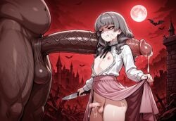 2boys absurdly_large_cock ai_generated angry annoyed blush clenched_teeth crossdressing cum dark-skinned_male dominant_male_submissive_male fear_and_hunger fear_and_hunger:_termina female femboy holding_knife holding_weapon interracial large_penis light-skinned_male long_hair long_penis male male/male male_only marina_(fear_and_hunger) open_shirt penis penis_on_shoulder penis_size_comparison penis_size_difference self_upload shirt size_difference skirt_lift small_penis small_penis_humiliation tagme teeth trap twink yaoi