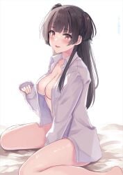 1girls :d bare_legs barefoot black_hair blunt_bangs blush breasts cleavage collared_shirt commentary hatsu_(first_snow) highres idolmaster idolmaster_shiny_colors long_hair long_sleeves looking_at_viewer mayuzumi_fuyuko medium_breasts naked_shirt no_bra open_clothes open_mouth open_shirt red_eyes shirt simple_background sitting sleeves_past_wrists smile solo two_side_up wariza white_background white_shirt
