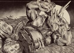 ama_dench_art balls barazoku biceps bodily_fluids closed_eyes erection generation_1_pokemon genital_fluids genitals knot male monochrome muscular muscular_male nidoking nintendo pokemon pokemon_(species) precum scalie solo wet
