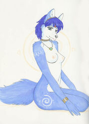 anthro black_nose blue_eyes blue_fur blue_hair bracelet breasts closed_mouth color female female_only fox fur furry furry_breasts furry_ears furry_tail hair krystal nipples nude open_eyes pointy_ears short_hair side_view sitting solo star_fox tail white_fur whitearabmare