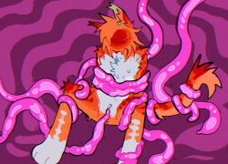 anthro blush bodily_fluids chromatic_aberration colored digital_media_(artwork) domestic_cat felid feline felis female fur genitals hi_res mammal mvmvrkio nude penetration pussy restrained simple_background sitting solo solo_focus spread_legs spreading sweat sweatdrop tail tentacle tentacle_in_pussy tentacle_penetration vaginal_penetration vaginal_penetration