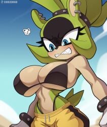 1girls angry angry_face anthro anthro_female big_breasts bikini black_bikini black_eyeshadow blue_eyes blush bra breasts busty busty_female cleavage clothed clothing cooliehigh curvy ear_piercing eyelashes eyeshadow female female_focus female_only fur furry furry_female furry_only glove green_body green_fur green_hair hips panties ring round_ears sonic_(series) sonic_the_hedgehog_(idw) surge_the_tenrec sweat sweatdrop sweating sweaty tenrec tenrec_girl thighs thong underwear white_glove wide_hips