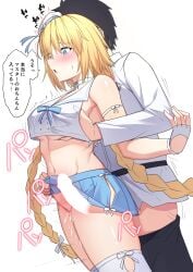 1boy absurdres bare_shoulders beret black_hair black_pants blonde_hair blue_eyes blue_skirt blush braid breasts censored chaldea_uniform choker clothes_lift crop_top crop_top_overhang cross_section fate/grand_order fate_(series) female fingerless_gloves fujimaru_ritsuka_(male) gloves grabbing_another's_breast groping hat highres jeanne_d'arc_(fate) jeanne_d'arc_(mystery_treasure)_(fate) jeanne_d'arc_(swimsuit_archer)_(fate) large_breasts long_hair long_sleeves low_twin_braids male midriff mini_hat natu_zame navel no_panties open_mouth pants penis pleated_skirt sailor_collar sex sex_from_behind shirt short_hair skirt speech_bubble straight thighhighs thighs translation_request twin_braids vaginal_penetration very_long_hair white_gloves white_hat white_shirt white_thighhighs