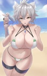 a_(xenoblade) ass beach bikini breasts calmgreentori cat_ears cat_girl choker cleavage core_crystal female gold_eyes grey_hair hair_between_eyes highres jewelry large_breasts legs long_hair messy_hair na'el_(xenoblade) navel open_mouth short_hair stomach swimsuit thighlet thighs very_long_hair white_bikini xenoblade_(series) xenoblade_chronicles_3