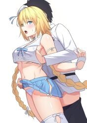 1boy absurdres bare_shoulders beret black_hair black_pants blonde_hair blue_eyes blue_skirt blush braid breasts chaldea_uniform choker clothes_lift crop_top crop_top_overhang fate/grand_order fate_(series) female fingerless_gloves fujimaru_ritsuka_(male) gloves grabbing_another's_breast grinding groping hand_under_clothes hat highres hip_vent jeanne_d'arc_(fate) jeanne_d'arc_(mystery_treasure)_(fate) jeanne_d'arc_(swimsuit_archer)_(fate) large_breasts lifting_another's_clothes long_hair long_sleeves low_twin_braids male midriff mini_hat miniskirt natu_zame navel open_mouth panties pants pleated_skirt sailor_collar shirt short_hair skirt skirt_lift straight thigh_sex thighhighs thighs twin_braids underboob underwear very_long_hair white_gloves white_hat white_panties white_shirt white_thighhighs