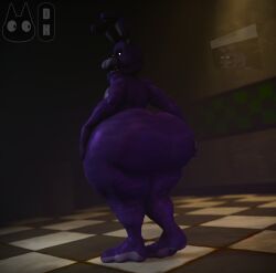 2024 3d_(artwork) animatronic anthro ass big_butt black_nose black_sclera bonnie_(fnaf) checkered checkered_floor digital_media_(artwork) english_description five_nights_at_freddy's hand_on_butt hand_on_leg hand_on_thigh hi_res huge_butt lagomorph leporid long_ears looking_back machine male mammal meme open_mouth rabbit rear_view robot scottgames solo standing thick_thighs totallyd white_eyes