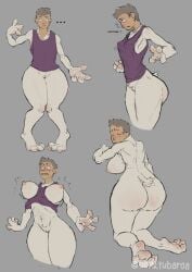 anthro ass big_breasts big_butt blush body_blush bonktubaroa breast_growth breasts butt_blush clothing embarrassed female fur gender_transformation genitals grey_background growth hi_res human human_to_anthro humanoid kneeling knock-kneed male mammal mtf_transformation nipples pussy rear_view shirt simple_background solo species_transformation standing tank_top thick_thighs topwear transformation white_body white_fur wide_hips
