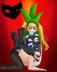 accessory armor arms_crossed arms_crossed_under_breasts ball_gag bdsm_harness bdsm_outfit bodysuit bondage cape degradation detroit_metal_city fanart feet feet_up female femdom gagged hatsune_miku johannes_krauser_ii leek legs_on_back male malesub mask pauldrons red_eyes royalforcemeat sitting spikes stepped_on stockings throne vocaloid yellow_hair