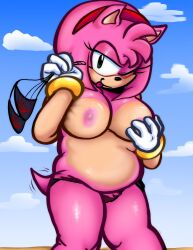 2d 2d_(artwork) 4_fingers :p amy_rose anthro artist_upload beach big_breasts bikini blue_sky bracelets chubby chubby_anthro chubby_female clouds digital_drawing_(artwork) eulipotyphlan female gloves gold_bracelets grabbing green_eyes gripping_breasts hairband half-closed_eye hedgehog hedgehog_girl light-skinned_female nudity pink_fur red_hairband sega sky solo solo_female sonic_(series) sonic_the_hedgehog_(series) sticking_out_tongue topless_bikini wink winking_at_viewer