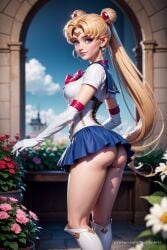 1girls ai_generated artist_name ass bishoujo_senshi_sailor_moon blonde_hair blue_eyes blue_sailor_collar blue_skirt blue_sky blurry blurry_background boots bow breasts circlet cloud crescent crescent_earrings day depth_of_field double_bun earrings elbow_gloves flower gloves hair_bun hair_ornament hi_res jewelry knee_boots lips long_hair looking_at_viewer looking_back magical_girl medium_breasts miniskirt no_panties outdoors patreon_username plant pleated_skirt progenarts sailor_collar sailor_moon sailor_senshi_uniform short_sleeves skirt sky solo standing thighs tsukino_usagi twintails usagi_tsukino very_long_hair web_address white_gloves