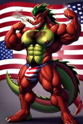 ai_generated ai_upscaled american_dragon:_jake_long american_flag american_flag_underwear beard briefs briefs_only cigar cigar_in_mouth cigar_smoke dragon flexing green_hair hairy hairy_chest jake_long muscular muscular_male nipples pubes smirk smoking solo thick_pubes thick_thighs underwear underwear_only