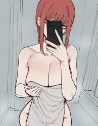 1girls ai_generated chainsaw_man female_only makima_(chainsaw_man) naked_towel phone red_hair solo zloimakak