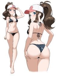1girls absurdres ass back baseball_cap bikini black_bikini blue_eyes breasts brown_hair closed_mouth cropped_legs dat_ass female full_body ganzzzo hair_through_headwear hat high_ponytail highres hilda_(pokemon) light-skinned_female looking_back medium_breasts multiple_views navel nintendo parted_lips pokemon pokemon_bw ponytail sidelocks simple_background smile stomach swimsuit white_background