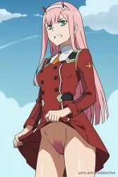 ai_generated angry bush bushy_pubes darling_in_the_franxx female hairy hairy_pussy horn no_panties pink_hair pinku.ai pussy upskirt zero_two_(darling_in_the_franxx)