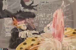 anthro ball_tuft balls balls_on_face big_balls big_penis bodily_fluids bottomless bottomless_anthro bottomless_male cheetah clothed clothing cum cumshot duo ejaculation english_text felid feline foreskin fur genital_fluids genitals hands-free hi_res huge_cock humanoid_genitalia humanoid_penis long_sleeve_shirt male male/male male_only mammal markings nick7005 penis sharp_teeth shirt sniffing sniffing_clothes spots spotted_body spotted_fur tank_top teeth text these_aren't_my_glasses topwear tuft uncircumcised underwear underwear_sniffing yellow_body yellow_fur