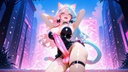 ai_art ai_generated animal_ears blue_hair breasts cat_ears cat_girl cat_tail catgirl dancing dickgirl futanari glowing_penis intersex koneko koneko_dolls konekofuta large_breasts large_penis pink_hair rave two_tone_hair two_tone_hair_(blueandpink)