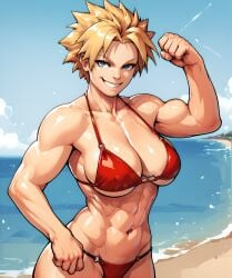 ai_generated beach bikini blonde_female blonde_hair bloody_roar blue_eyes breasts female female_only large_breasts muscular muscular_female navel pose red_bikini shina_(bloody_roar) short_hair smile thick_thighs thighs tomboy
