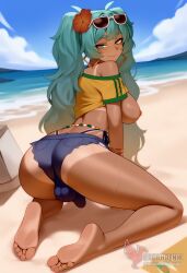 1girls 2d ai_generated aqua_hair ass barefoot big_ass big_breasts bikini bracelet brazilian_miku breasts dark-skinned_female earrings erection erophoenix eyewear_on_head feet full_body futanari grin hair_flower hair_ornament hatsune_miku huge_breasts jewelry kneeling large_penis long_hair looking_at_viewer looking_back nail_polish patreon_username penis shorts smile soles solo solo_female sunglasses swimsuit tan tellow_shirt testicles thick thick_thighs toes uncensored vocaloid