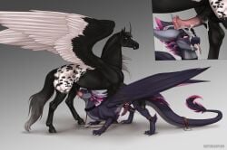 accessory alicorn alterion_(alter) animal_genitalia animal_penis balls black_body black_feathers black_hair black_penis bodily_fluids bondage bondage bound claws cock_ring collar cum cum_in_mouth cum_inside cum_on_face cum_on_penis cum_on_tongue dragon duo equid equine equine_genitalia equine_penis feathered_dragon feathered_scalie feathered_wings feathers feral flared_penis frey_(midnightrobin) genital_fluids genitals gradient_hair grey_body grey_eyes grey_hair grey_horn grey_underbelly hair hi_res hooves horn horse jewelry knot leaking leaking_cum leaking_precum leather looking_pleasured male male/male mammal markings membrane_(anatomy) membranous_wings mythological_creature mythological_equine mythological_scalie mythology neck_bulge open_mouth orange_eyes penis penis_accessory penis_jewelry penis_on_face penis_on_head pink_body pink_feathers pink_markings pink_penis precum purple_body purple_feathers purple_penis restraints scalie simple_background smile smirk spreader_bar superlavplov tail_on_ground tongue tongue_out white_background white_body white_feathers white_hair wings wings_tied