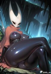 ai_generated alternate_version_at_source black_body bug crossed_legs giant_ass giant_breasts hollow_knight hollow_knight:_silksong hornet_(hollow_knight) large_breasts lower_view patreon puffy_pussy pussy silksong sitting thick_thighs video_games white_head