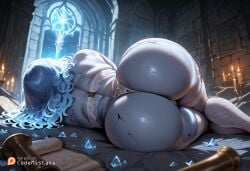 1girls ai_generated ass ass_focus back blue_hair candle codemistake crystal elden_ring female fishnet_thighhighs fishnets glowing huge_ass lying on_side patreon patreon_logo patreon_reward patreon_url ranni_the_witch scroll thighs white_panties