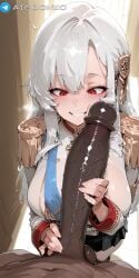 ai_generated aigoonko alpha_1918 clothed_female_nude_male dark-skinned_male handjob holding_penis interracial large_penis light-skinned_female looking_at_penis military_uniform muscular_male penis_awe red_eyes russian russian_girl tagme white_hair