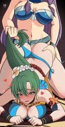 2girls alternate_costume ambiguous_penetration artist_logo artist_signature ass ass_up bikini bikini_aside breasts fire_emblem fire_emblem:_the_blazing_blade fire_emblem_heroes florina_(fire_emblem) flower_in_hair green_eyes green_hair hair_pull ihsnet large_breasts lavender_hair lyn_(fire_emblem) pegging ponytail strap-on thick_thighs yuri