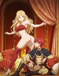 1boy 1girls ai_generated blonde_hair bottomless brothel dancer_outfit dancing diana_(who_made_me_princes) echoanomaly felix_robane_(who_made_me_princes) gem_on_forehead gray_eyes jewelry pussy red_eyes red_hair showing_pussy sitting_on_floor smirk who_made_me_a_princess