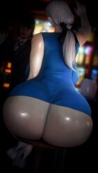 3d alternate_version_available ameliance_leveilleur ass ass_focus bar bar_stool blue_dress dress elezen elf elf_ears elf_female final_fantasy final_fantasy_xiv gpose(ffxiv) high_heels huge_ass milf mole mole_on_ass pale_skin ponytail sinilyra sitting tagme tight_clothing white_hair