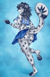 4_toes 5_fingers anthro ass barefoot black_nose blue_eyes bottomwear clothed clothing digitigrade feet felid female fingerless_(marking) fingers genitals gesture grey_body grey_hair grey_pussy grey_skin hair hand_gesture hi_res illisia leopard_spots looking_at_viewer looking_back mammal markings no_underwear pantherine pawpads pointing pose pussy raised_foot raised_tail shirt skirt skye3337 smile smiling_at_viewer smirk smirking_at_viewer snow_leopard solo spots spotted_markings spotted_tail striped_markings striped_tail stripes tail tail_markings tank_top toeless_(marking) toes topwear