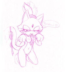 anthro blaze_the_cat blush breasts cat feline female female_only frozesolidfox fur furry kneeling monochrome nipples nude scarf sketch solo sonic_(series) tagme vulva