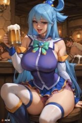 1girls acw ai_generated alcohol alcoholic_drink aqua_(konosuba) beer blue_eyes blue_hair bowtie curvy detached_sleeves female holding_beer holding_cup indoors kono_subarashii_sekai_ni_shukufuku_wo! large_breasts long_hair long_sleeves looking_at_viewer microskirt miniskirt open_mouth skirt smile solo solo_female tavern thick_thighs thighhighs thighs voluptuous