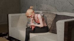 3d accidental_exposure andavaverse bending_forward black_legwear blender blonde_hair bra breasts couch crossed_legs darcy_redd down_blouse downblouse ear_piercing female glasses hair_tie holding_object leaning_forward leggings loose_clothes nipple_slip nipples phone ponytail red_bra red_glasses resting_head small_breasts