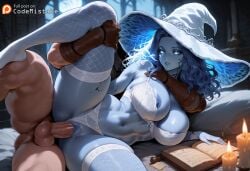 1boy 1girls ai_generated arm_around_neck blue_hair blue_pussy blue_skin book candle codemistake couple elden_ring female fishnet_legwear fishnet_thighhighs fishnets foot_out_of_frame leg_grab leg_lift lying lying_on_bed male navel nipple_slip on_bed on_side panties_aside patreon patreon_logo patreon_reward patreon_url ranni_the_witch sex soles spooning spread_legs stomach straight tarnished vaginal_penetration white_bra