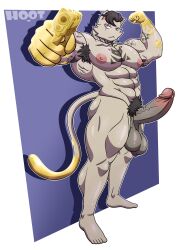 abs absurd_res anthro armpit_hair balls bara body_hair dg254 digital_media_(artwork) domestic_cat epic_games erection eye_scar facial_scar felid feline felis fortnite fur genitals gold_(metal) gun hair hi_res humanoid_genitalia looking_at_viewer male mammal meowdas muscular muscular_anthro muscular_male nipples nude pecs penis ranged_weapon scar simple_background solo tail tattoo weapon yaoi