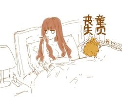 archer bed fate/extra fate_(series) female hakuno_kishinami in_bed lamp partially_colored pillow pocky robin_hood_(fate) rough_sketch shivering