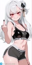 ai_generated aigoonko alpha_1918 black_nails blacked blacked_clothing female middle_finger queen_of_spades red_eyes russian russian_girl shorts smiling sports_bra tagme tattoo white_hair
