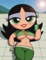 1girls 2025 ai_generated bandage black_hair buttercup_(powerpuff_girls) cartoon_network civitai d3rmal eyelashes female green_eyes holding_bottle inner_sideboob lipstick long_hair looking_at_viewer pants pavement powerpuff_girls seductive seductive_pose shirt sky solo sun tagme