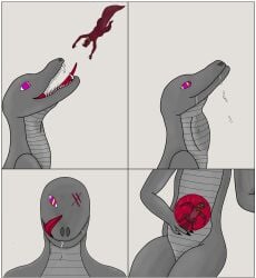 absurd_res anthro anthro_lizard arxur_(the_nature_of_predators) berry_(berrymandering) bodily_fluids claw_marks comic dossur_(the_nature_of_predators) duo grey_body grey_scales hi_res internal licking licking_lips male male/male neck_bulge saliva scales screpter sharp_teeth soft_vore teeth the_nature_of_predators tongue tongue_out vexor_(character) vore